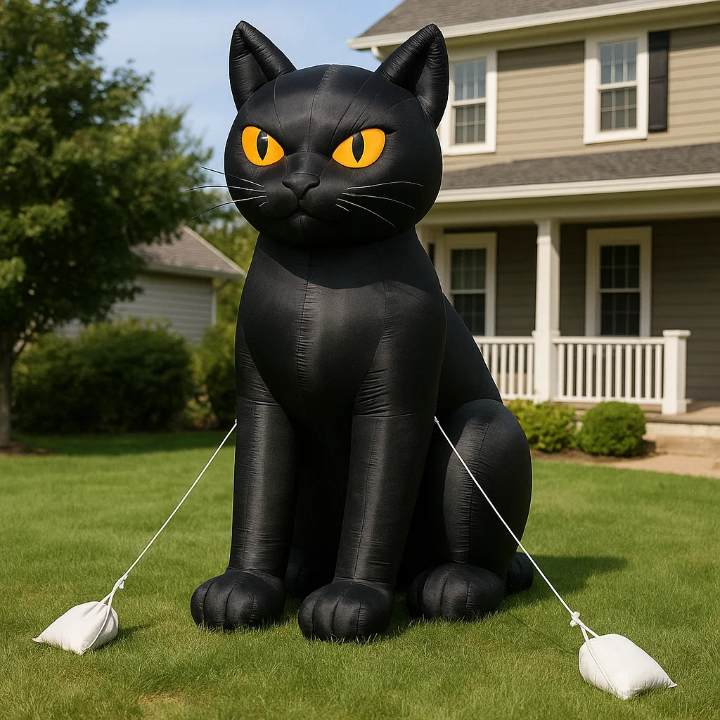 Large black cat inflatable staked securely on green lawn.