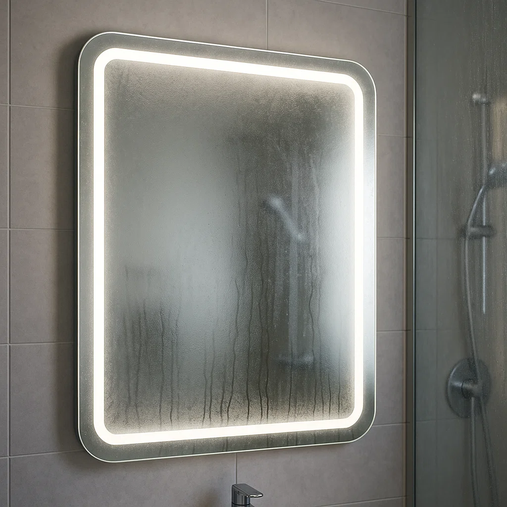 Foggy LED bathroom mirror with condensation after shower.