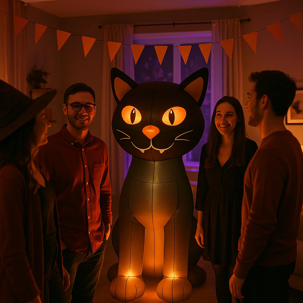 Friends enjoy Halloween party with glowing black cat inflatable indoors.