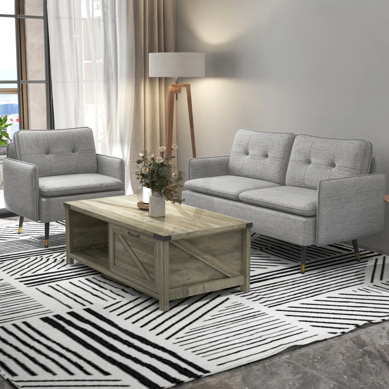 White armchair and beige sofa styled with cozy pillows in a bright living space.