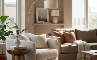 Modern living room showing balanced décor with neutral tones and cozy textures.