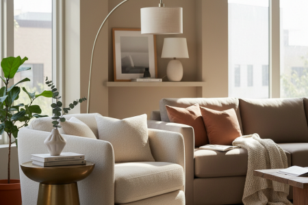 Modern living room showing balanced décor with neutral tones and cozy textures.