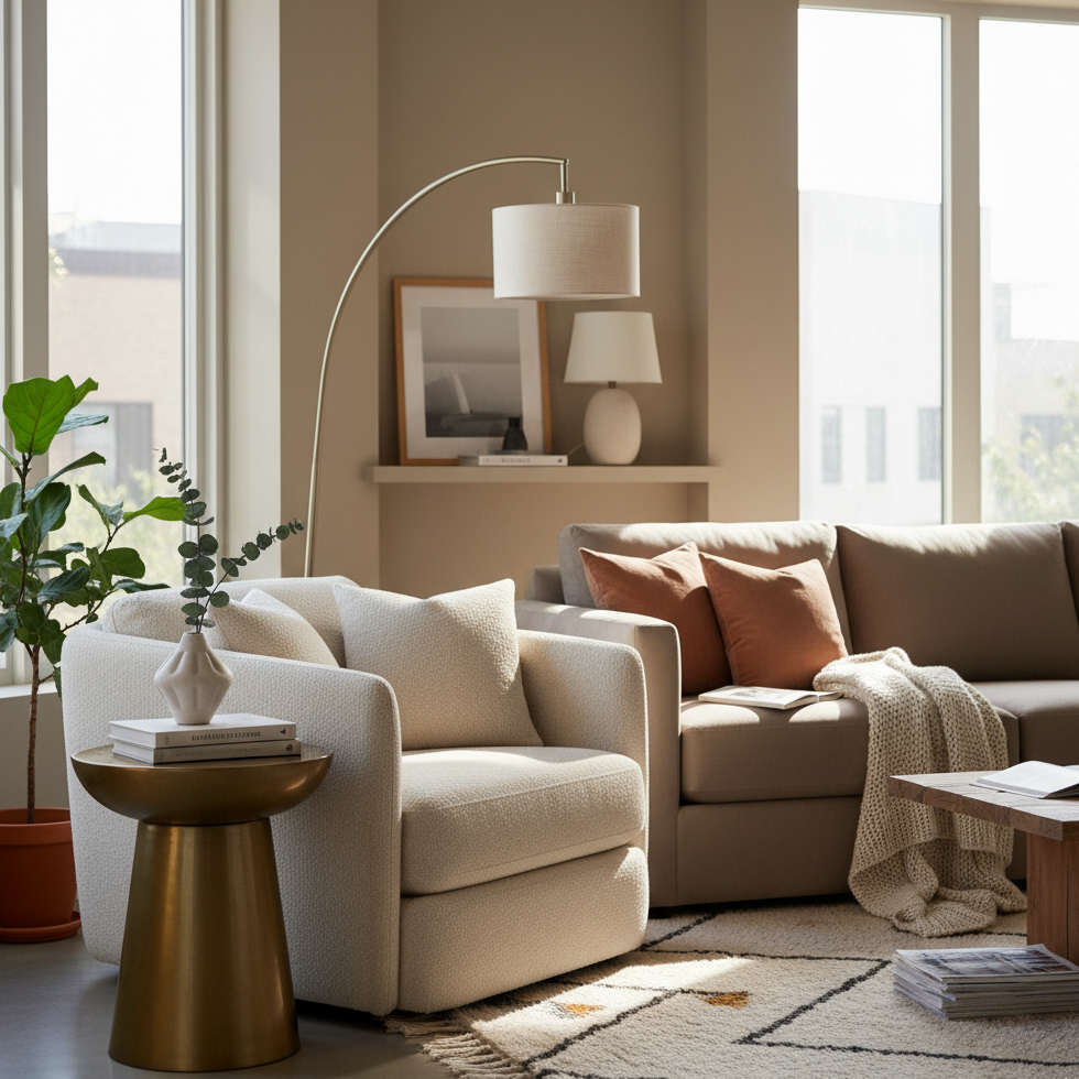 Modern living room showing balanced décor with neutral tones and cozy textures.