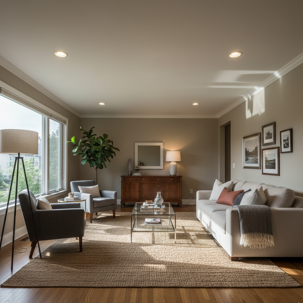 Wooden TV console under mounted screen with decorative lamp and accessories.