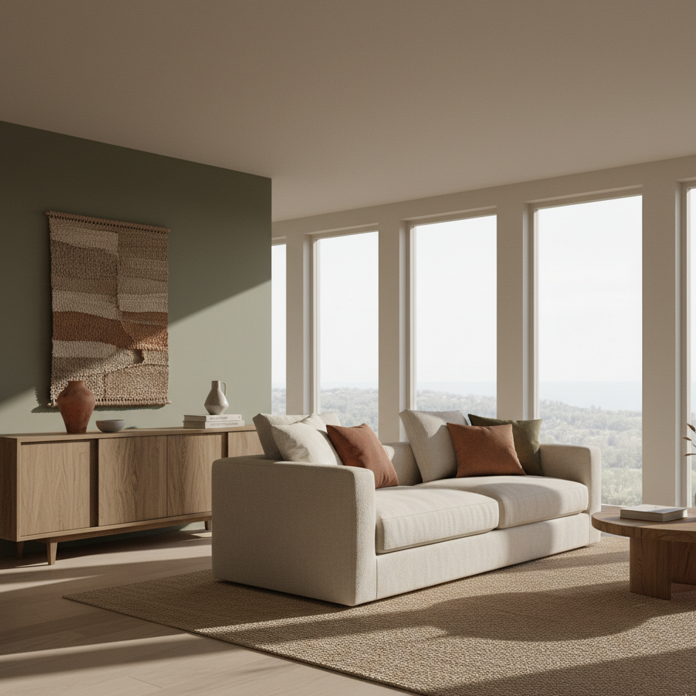 Spacious living room with neutral sofa, glass table, and large windows.