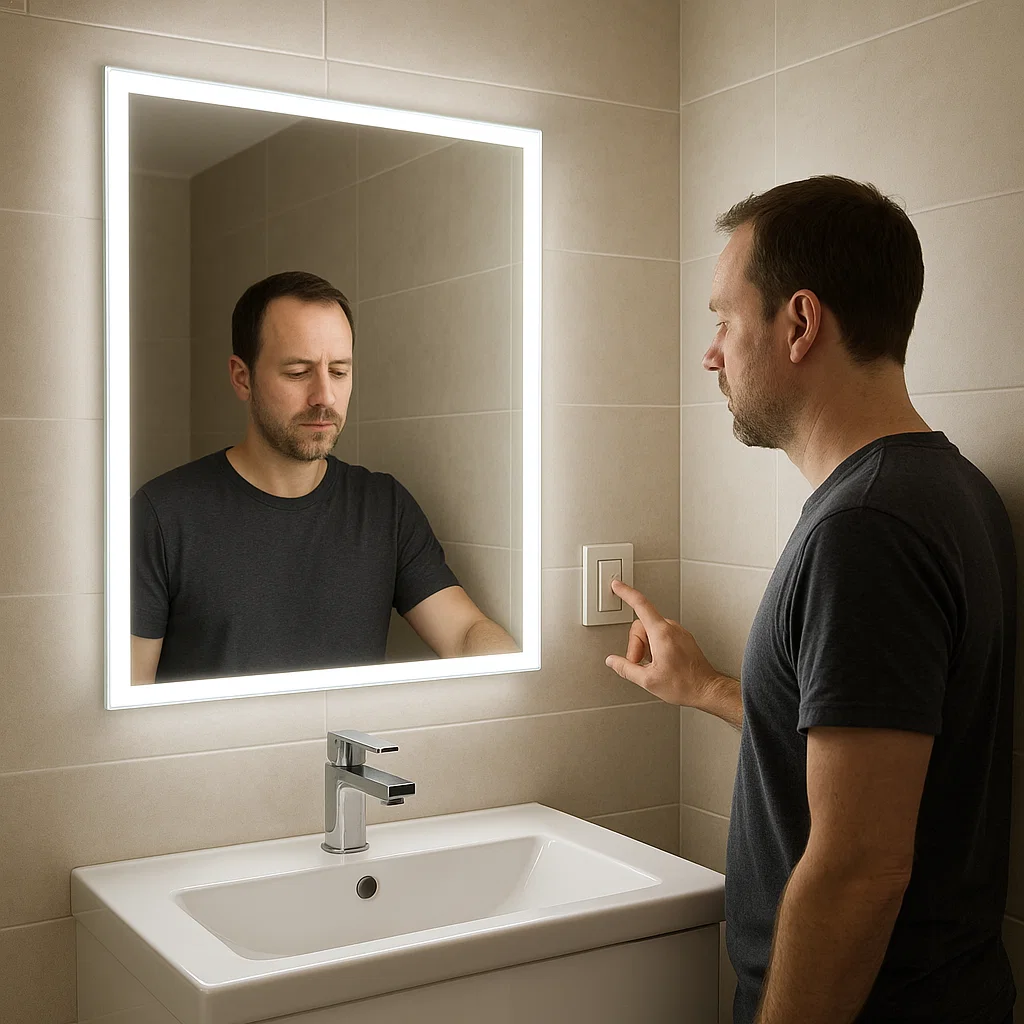 Man adjusting wall switch for bright LED bathroom mirror.