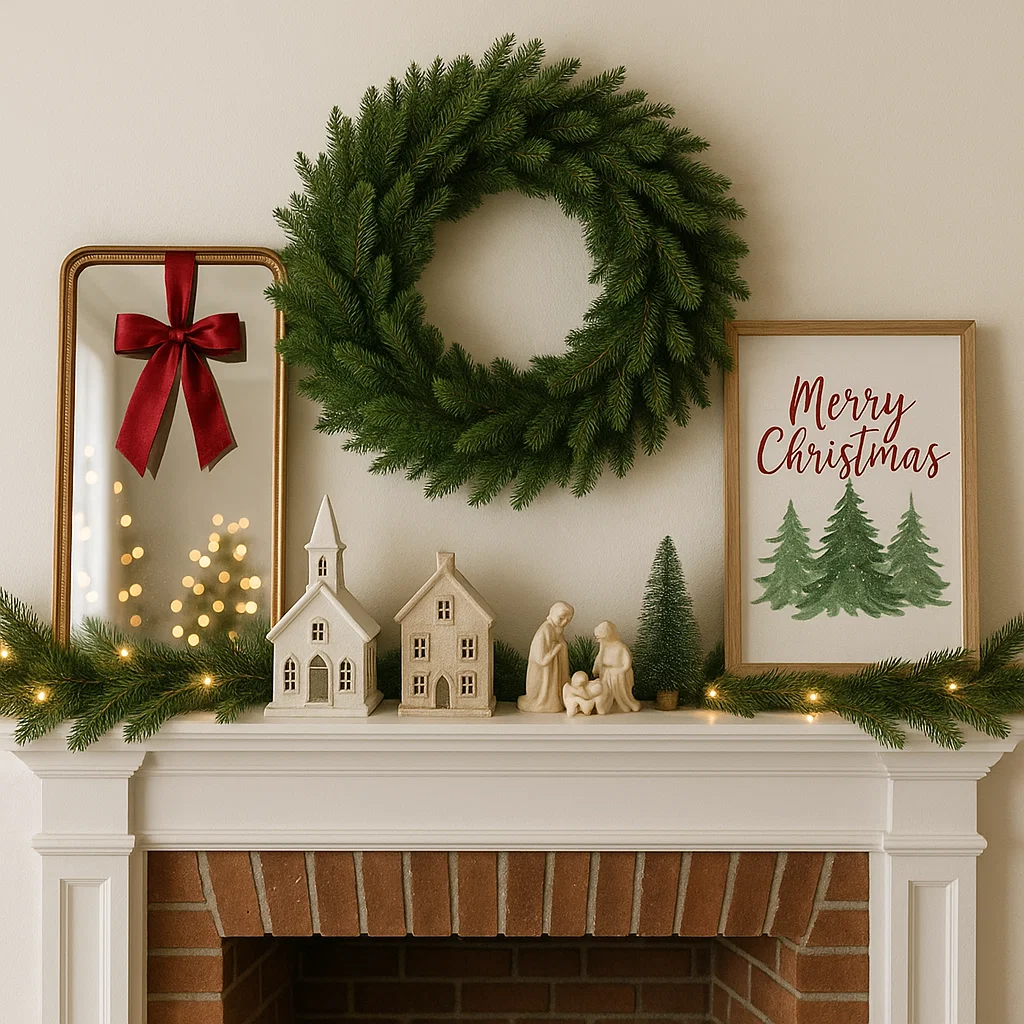 Christmas wreath with nativity set, framed art, and garland.