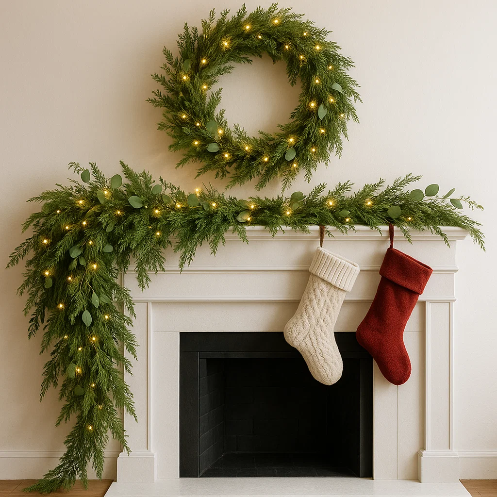 Garland and wreath with glowing string lights and stockings.