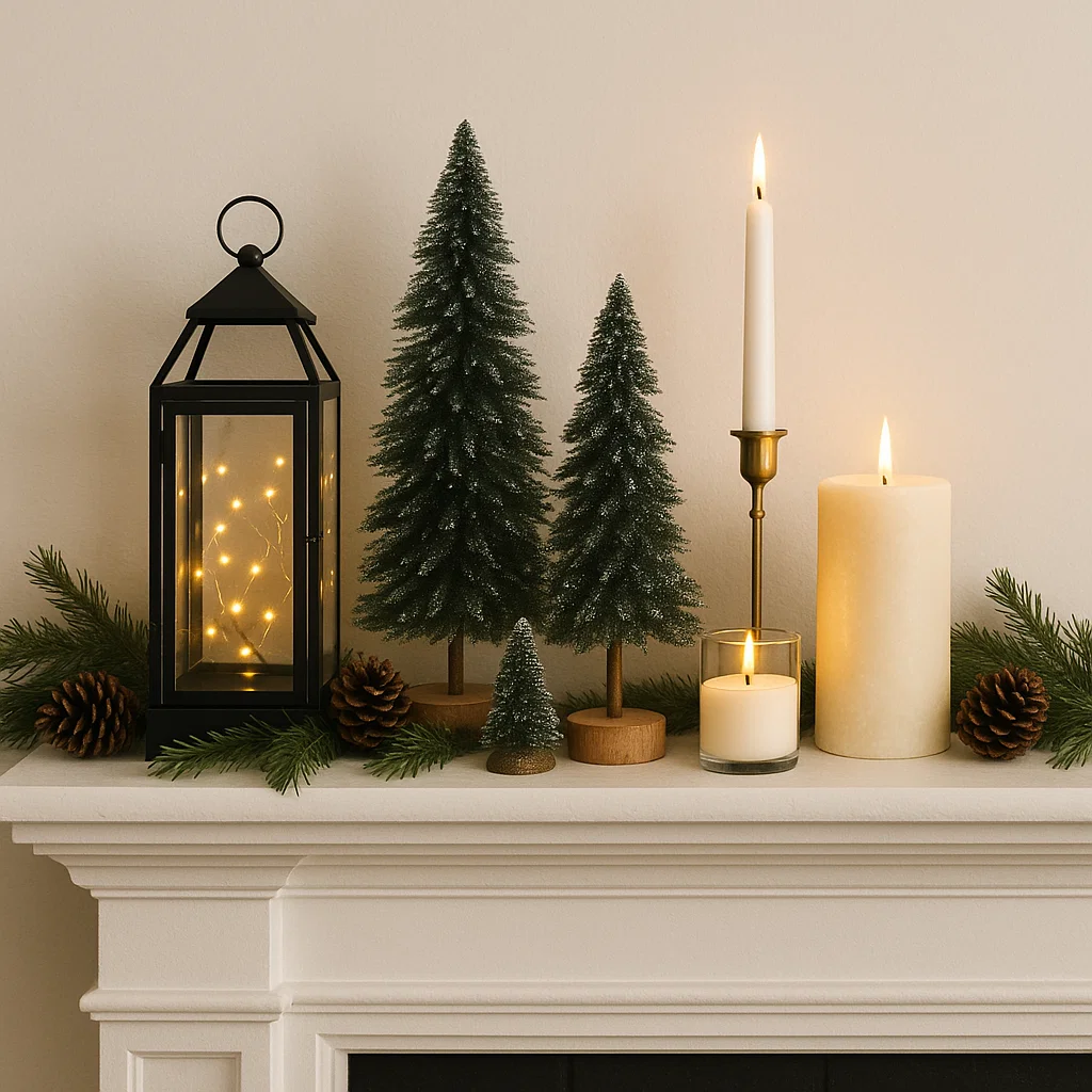 Lantern with fairy lights, candles, and frosted mini trees.