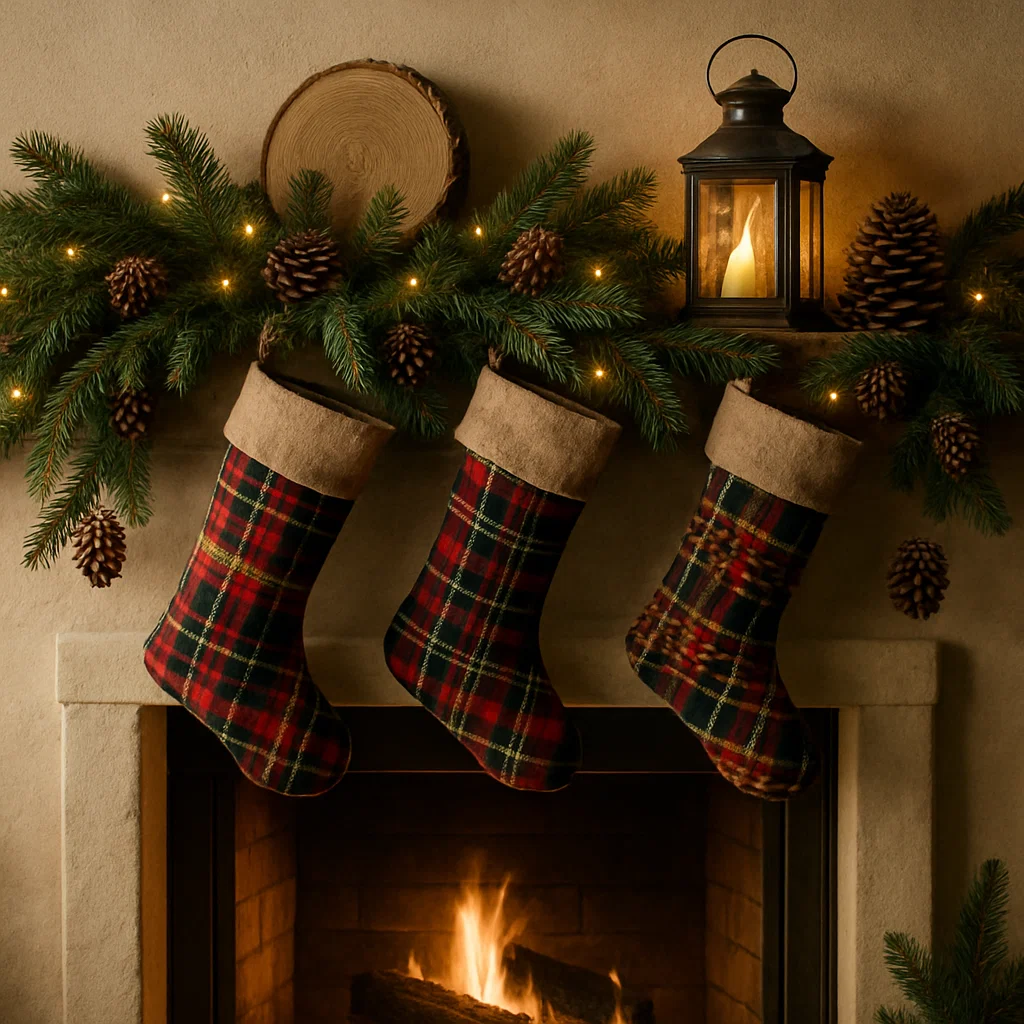 Plaid stockings hanging below pine garland and lantern décor.