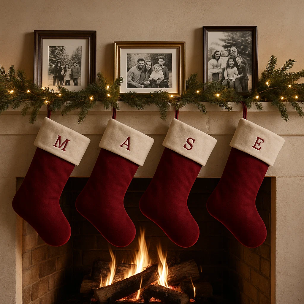 Red stockings with initials hanging under framed family photos.