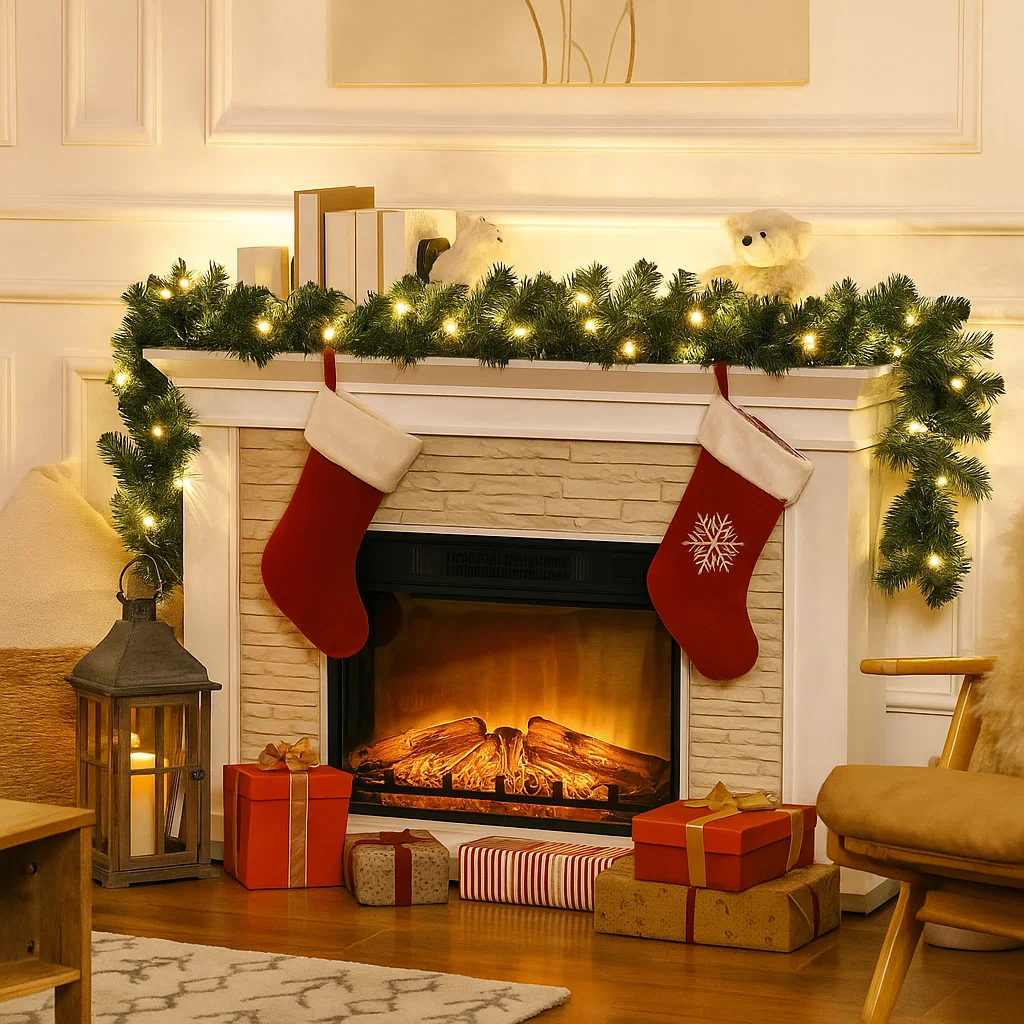 Fireplace mantel with stockings, garland, and wrapped Christmas gifts.