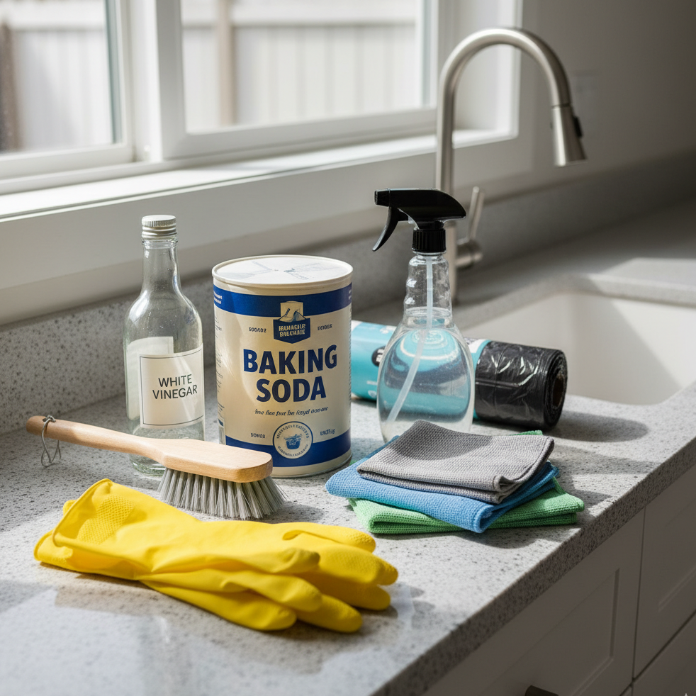 Cleaning kit with vinegar, baking soda, gloves, and spray bottle.