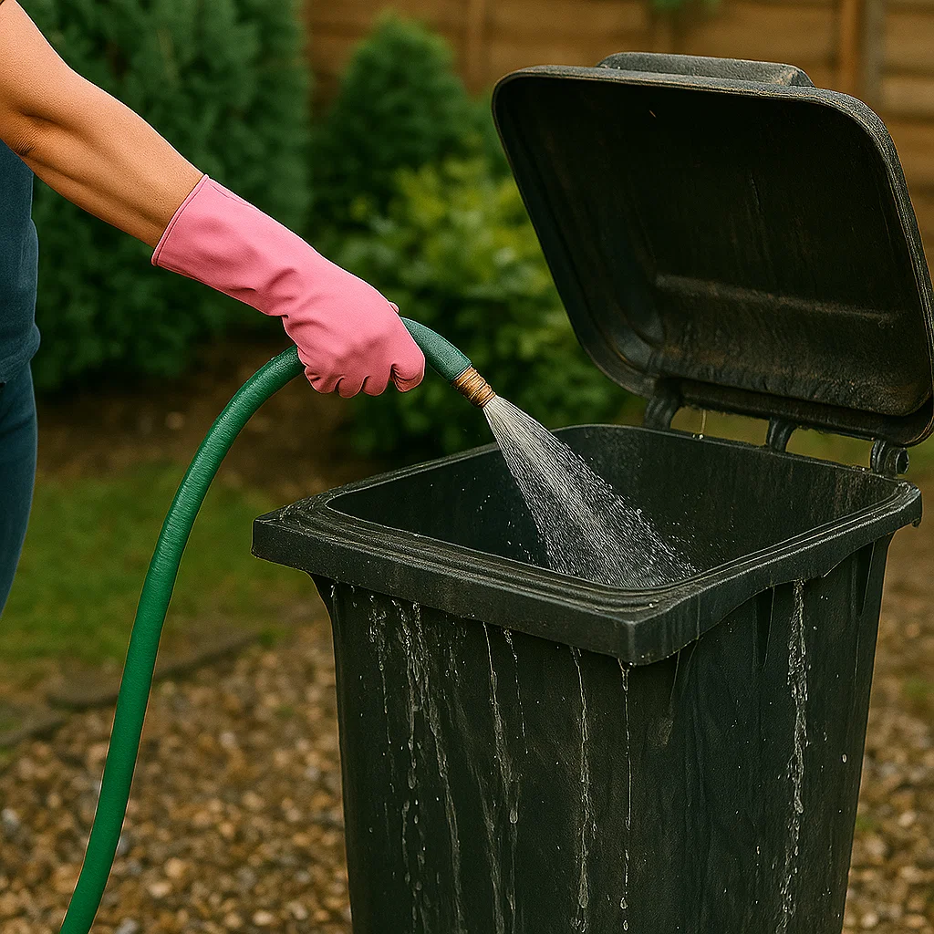 Gloved hand using garden hose to rinse garbage bin.