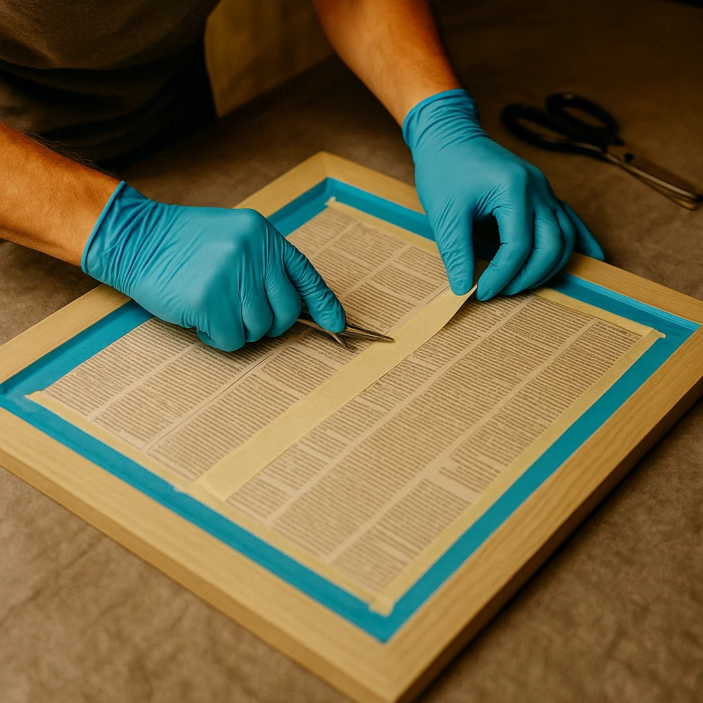 Gloved hands applying masking tape over mirror glass.