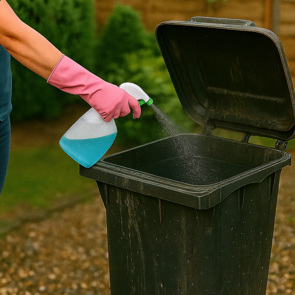 Person spraying cleaning solution inside outdoor garbage bin.