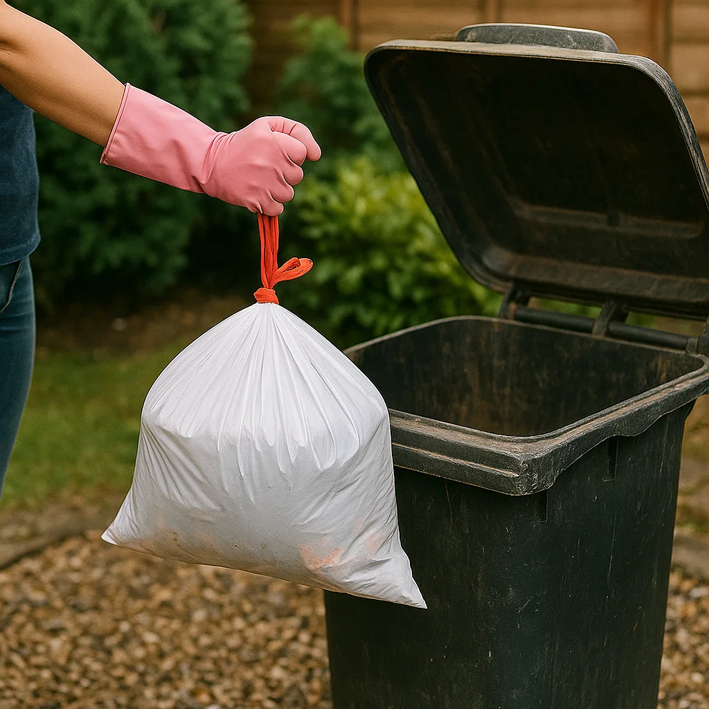 Gloved hand holding trash bag above open garbage bin.