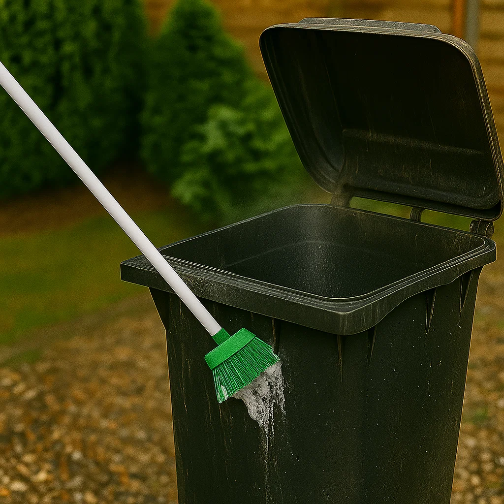 Scrub brush cleaning the inside of outdoor garbage bin.