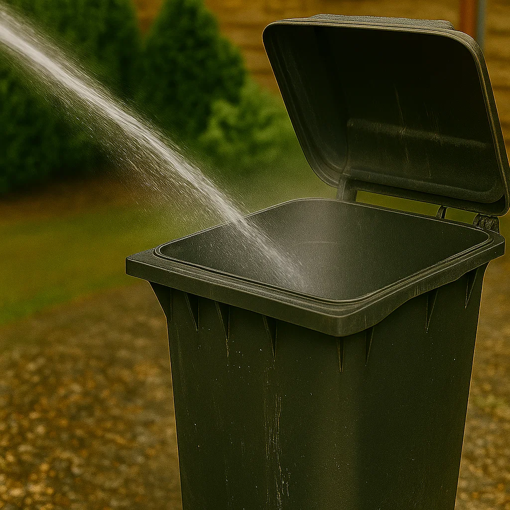 Strong water stream rinsing inside outdoor garbage bin.