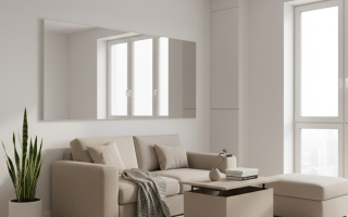 Bright living room with beige sofa and large wall mirror