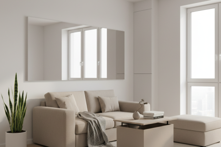 Bright living room with beige sofa and large wall mirror