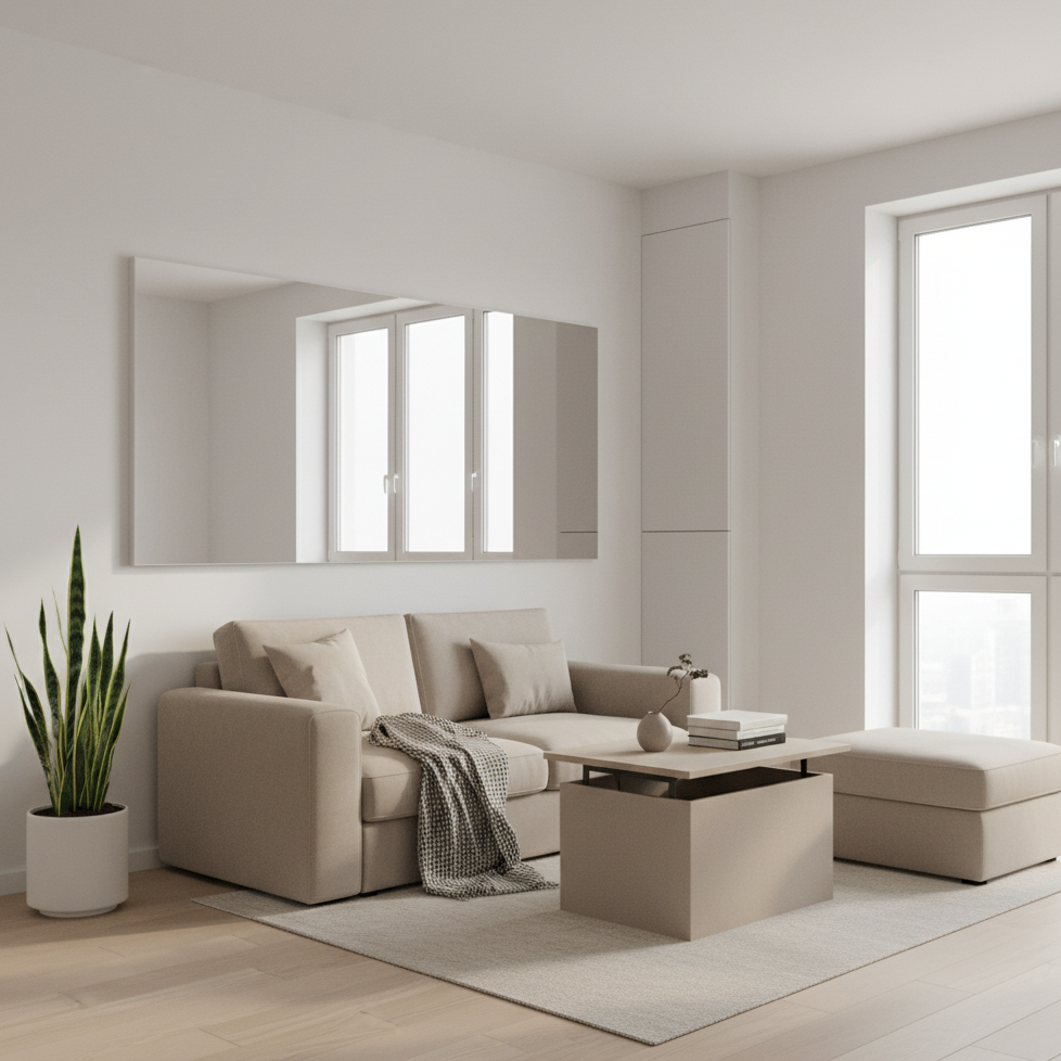 Bright living room with beige sofa and large wall mirror