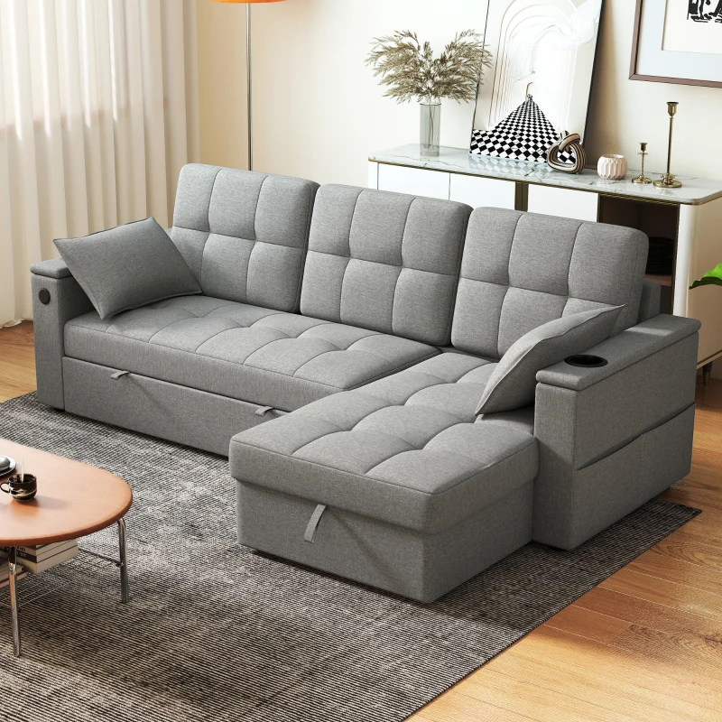 Modern gray sectional sofa with built-in storage compartments