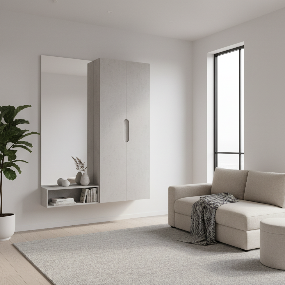 Modern beige living room with wall-mounted cabinet and mirror