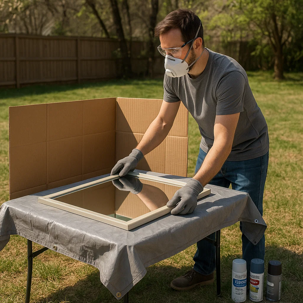 Man wearing mask preparing mirror frame for spray painting.