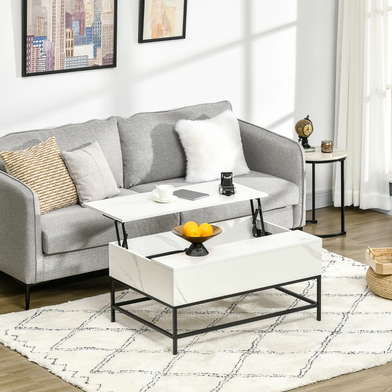 White lift-top coffee table with storage in modern living room