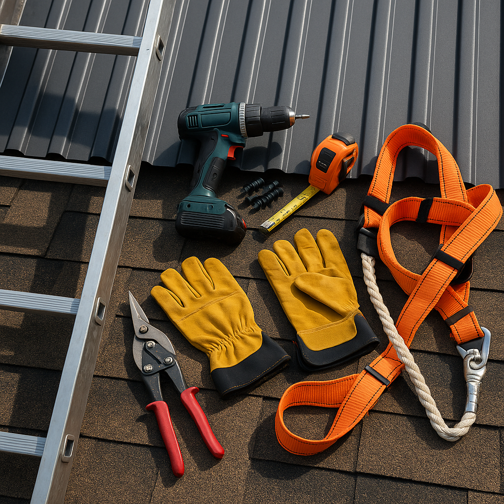 Roofing tools, gloves, drill, ladder, and safety harness on roof
