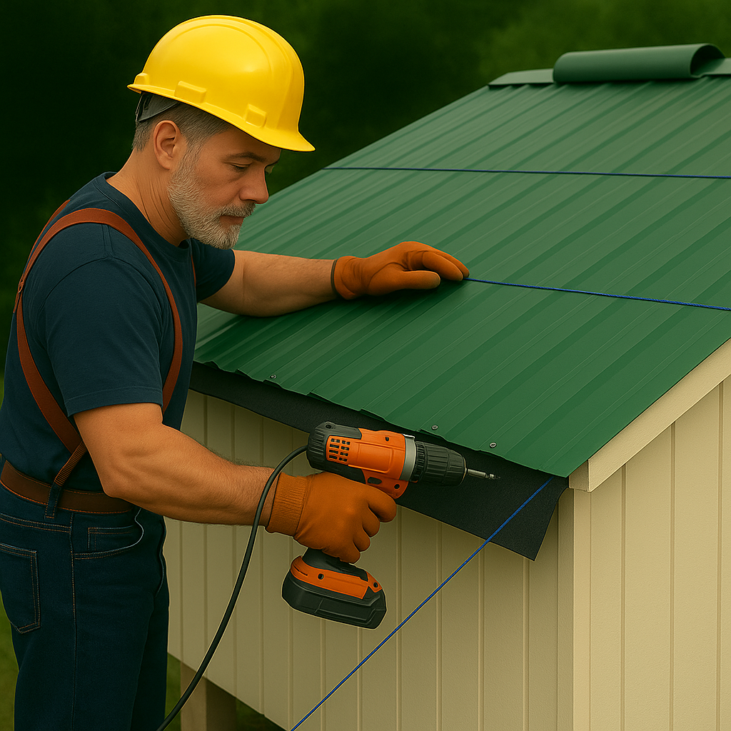 Contractor installing green metal roofing with power drill