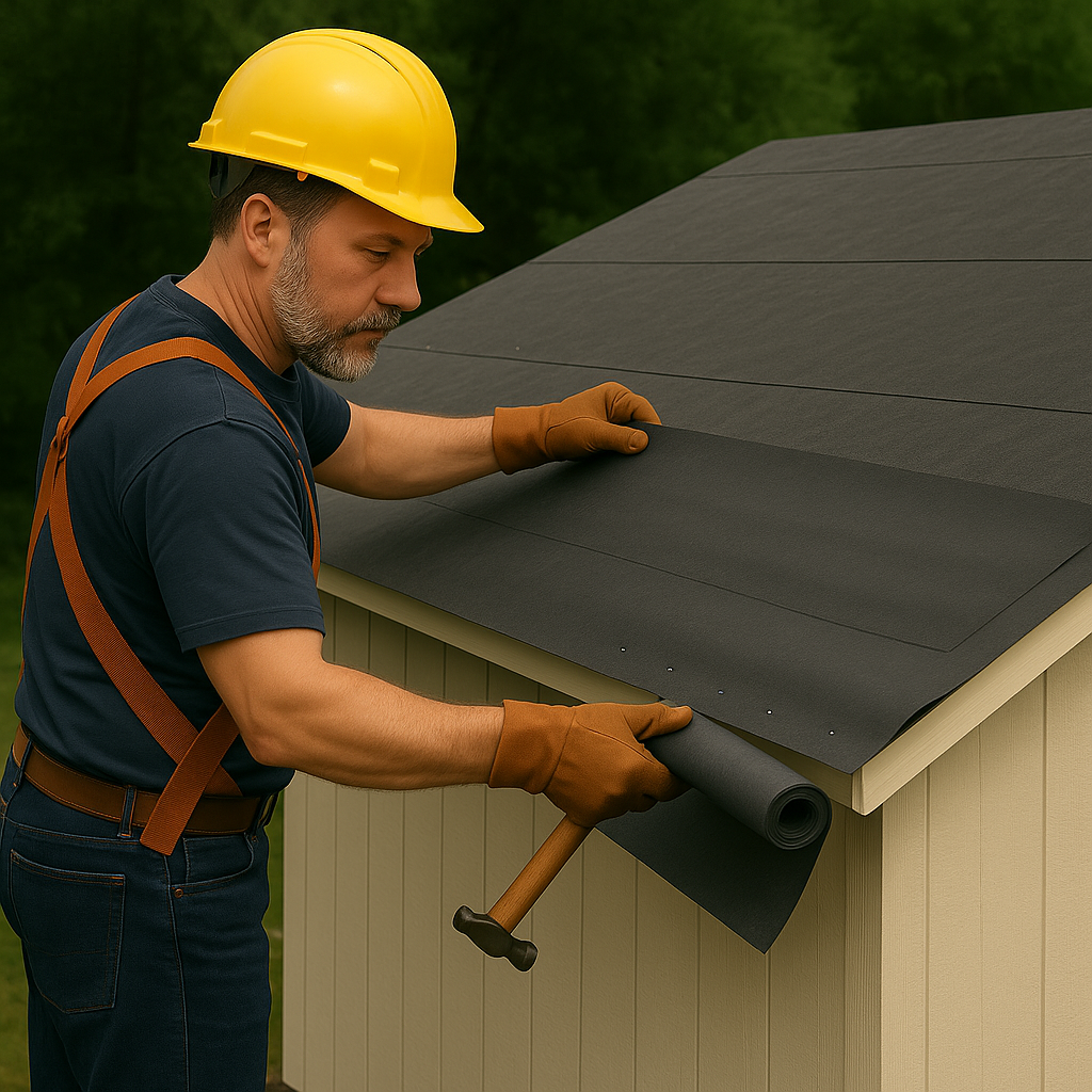 Worker laying black roofing underlayment sheet on shed roof