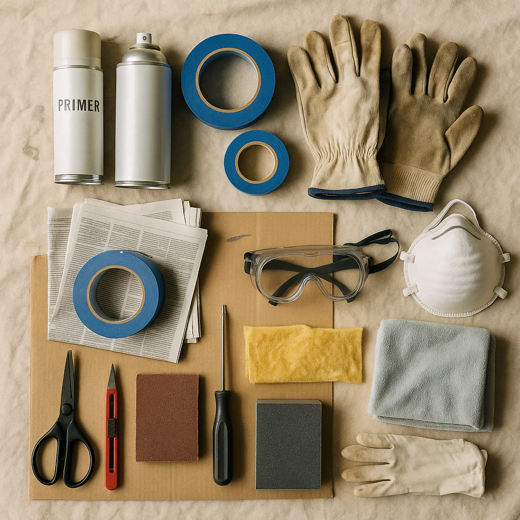 Spray paint tools, gloves, tape, and safety gear laid out.