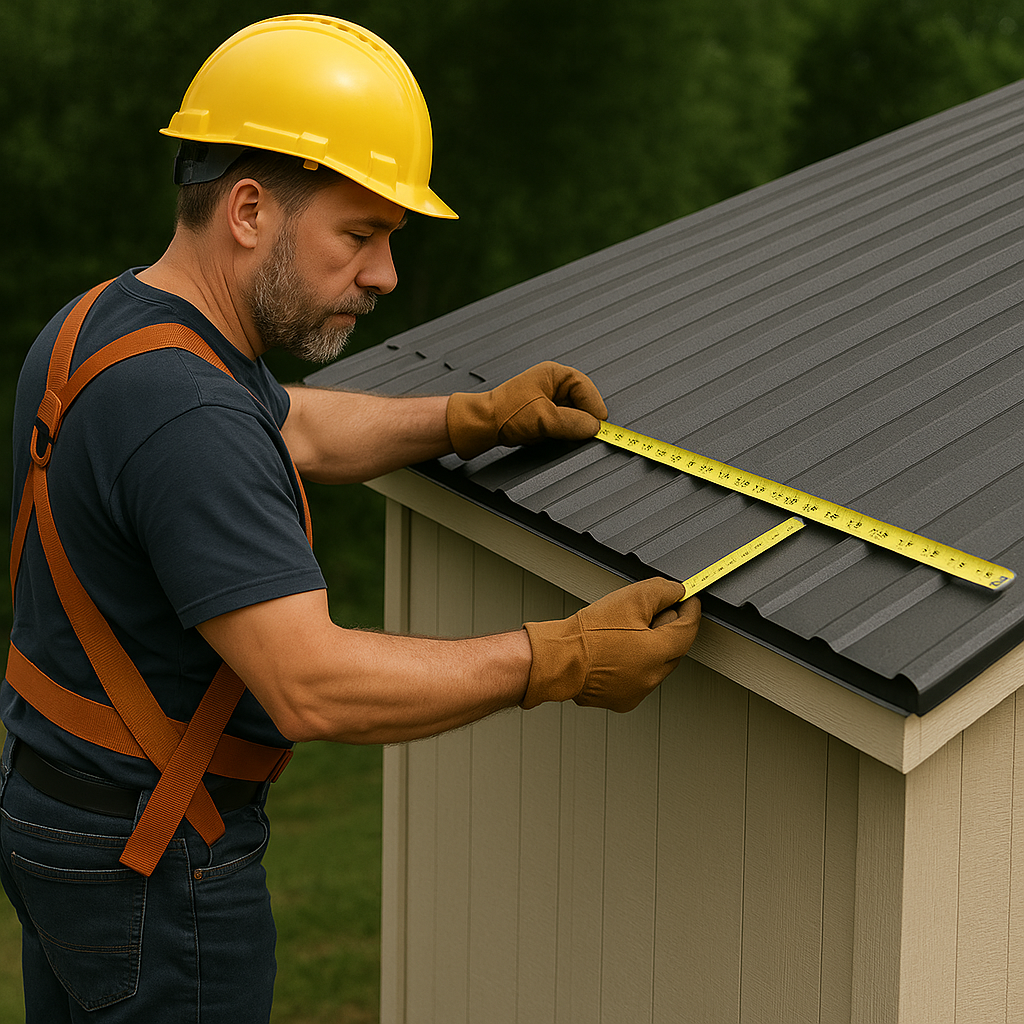 Man measuring roof edge with tape over metal panels