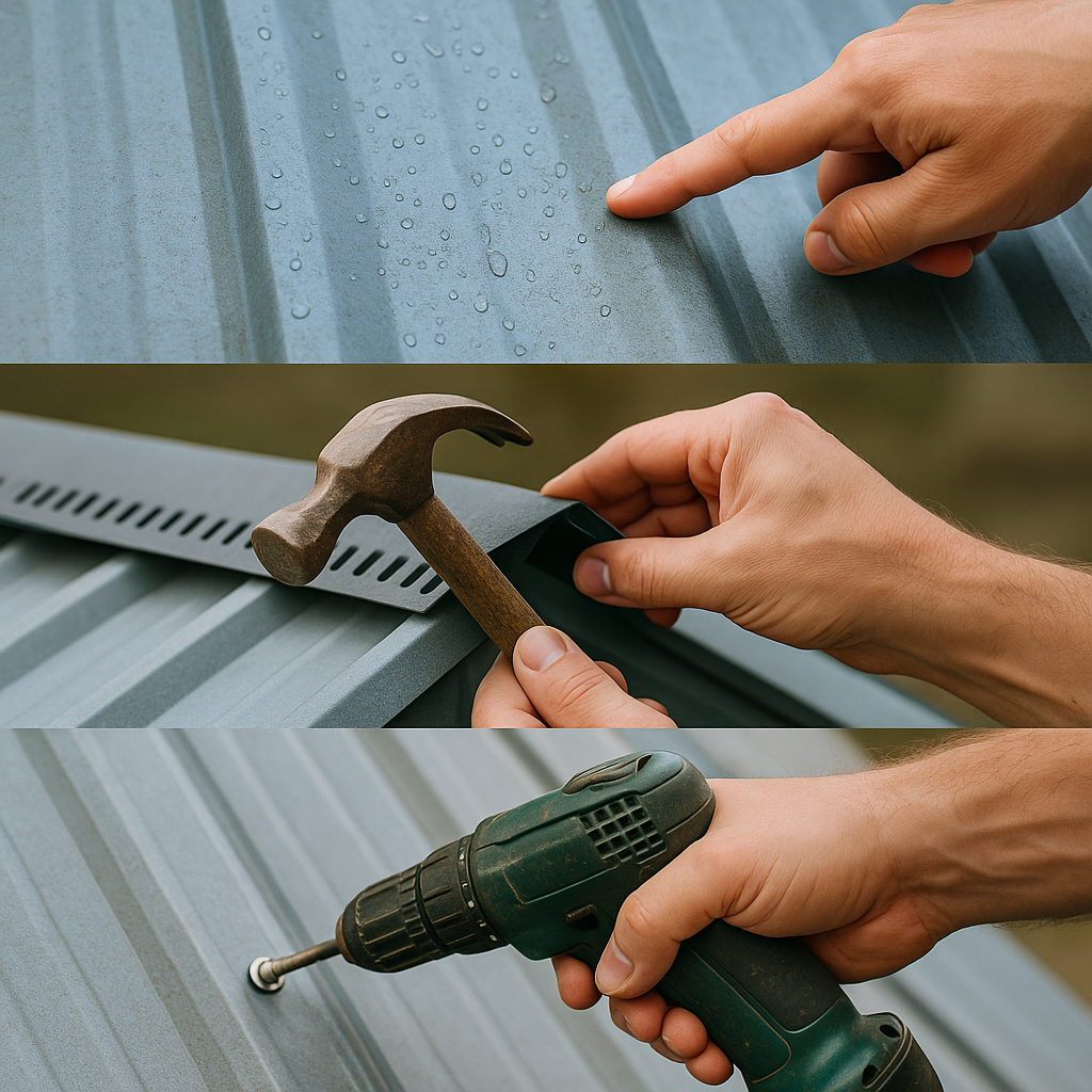 Close-ups of water test, hammering ridge cap, and drilling screw