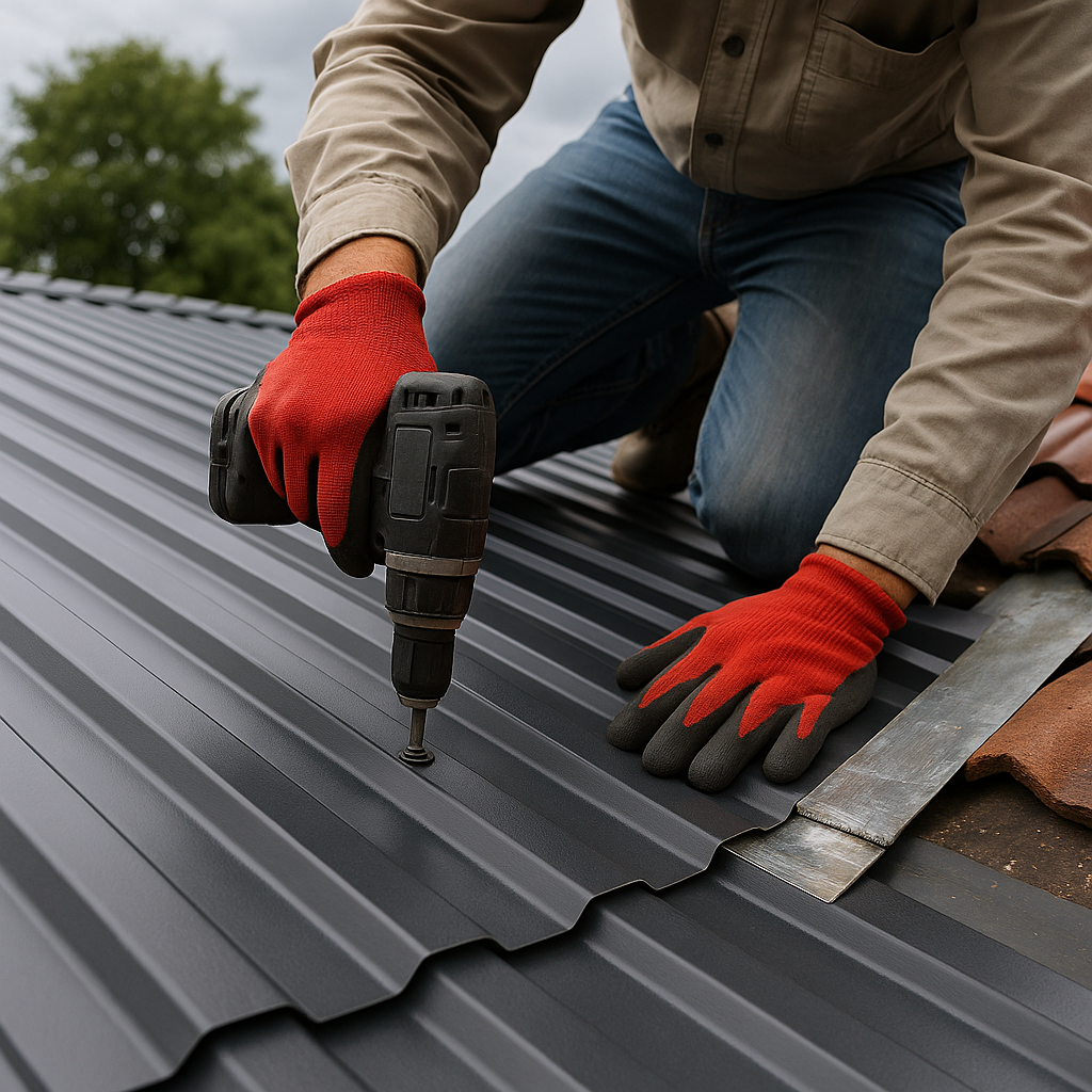 Worker using power drill on dark metal roof panels
