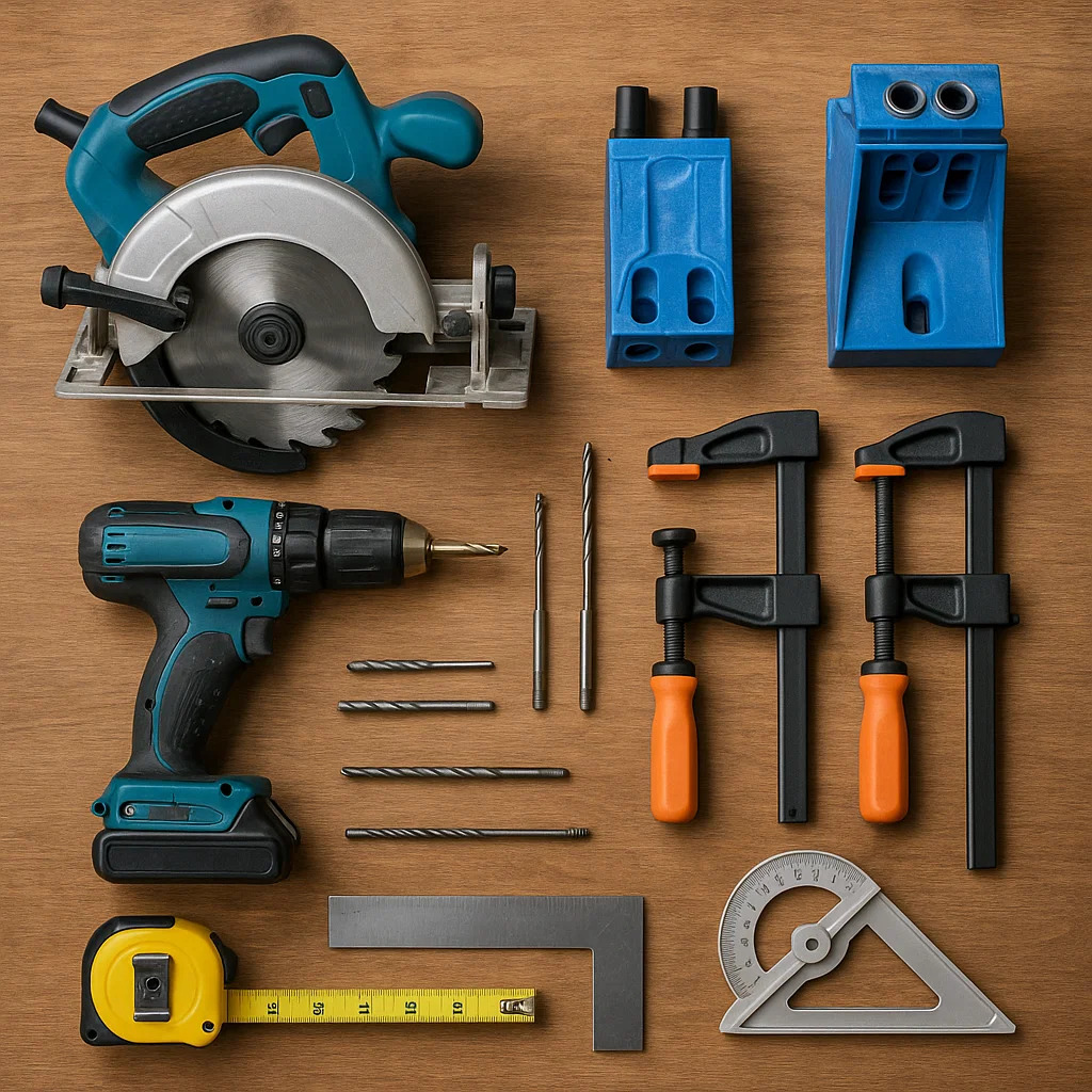 Flat lay of woodworking tools including saw, drill, clamps.