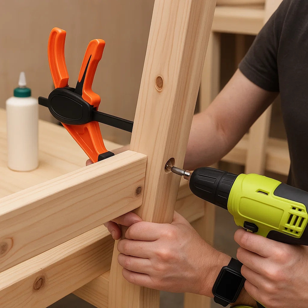 Person drilling into wooden frame with clamp holding joint.