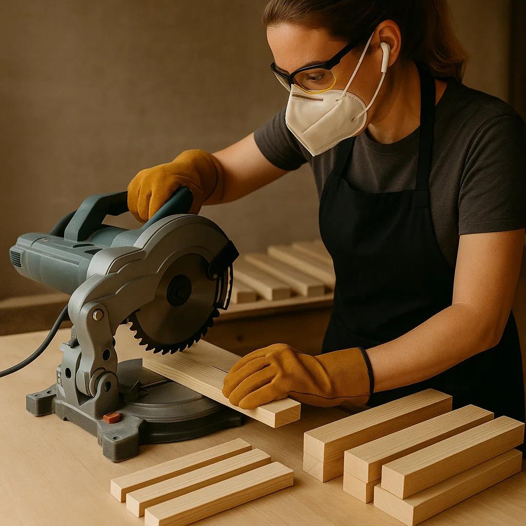 Person using miter saw to cut wood pieces precisely.