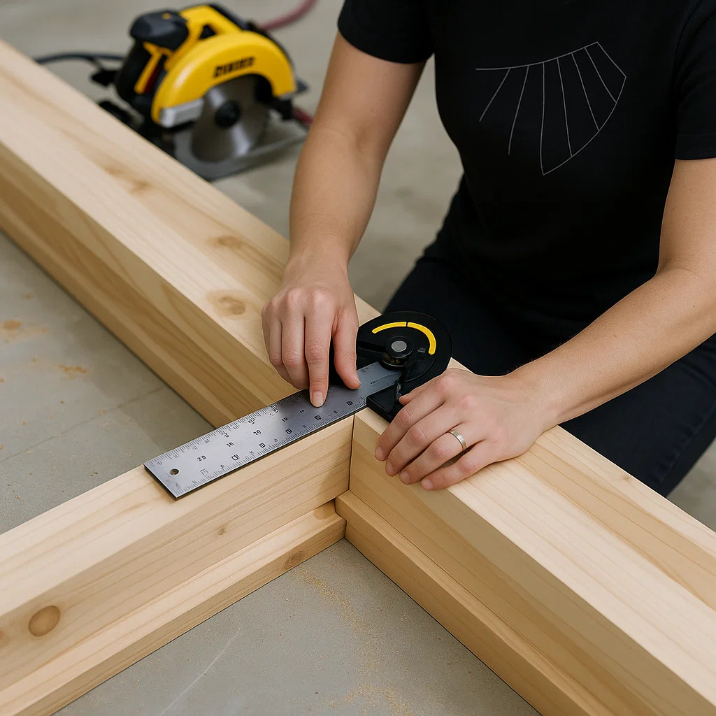 Person measuring wooden joint with angle gauge tool.