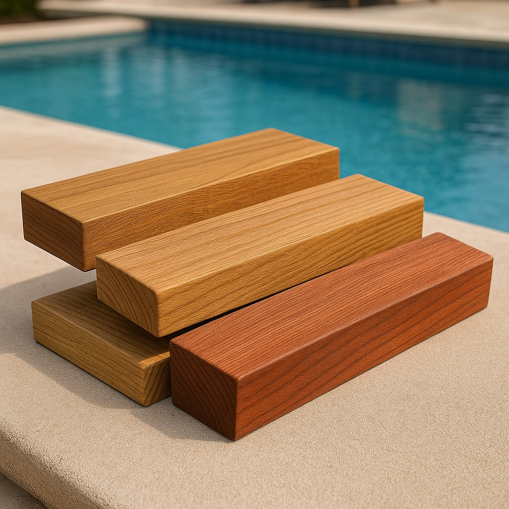 Stacked wooden blocks of different colors near poolside.