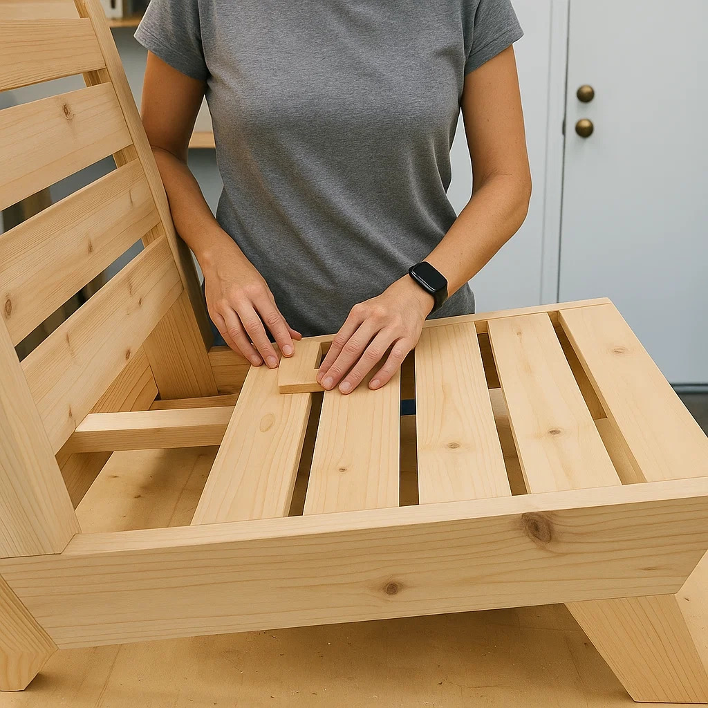 Hands placing wooden slats evenly on chair frame.