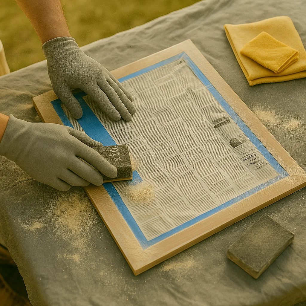 Person sanding wooden mirror frame with sanding block.