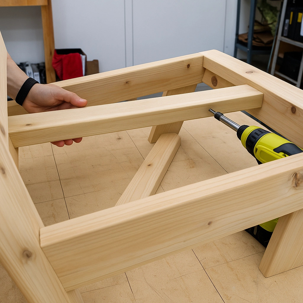 Person drilling center support beam onto wooden chair frame.
