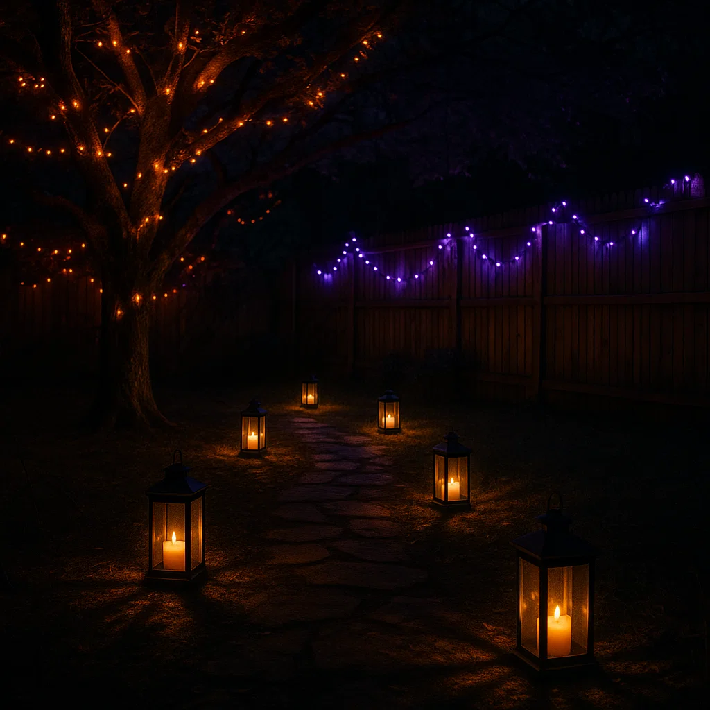 Halloween pathway lit with lanterns, orange and purple string lights.