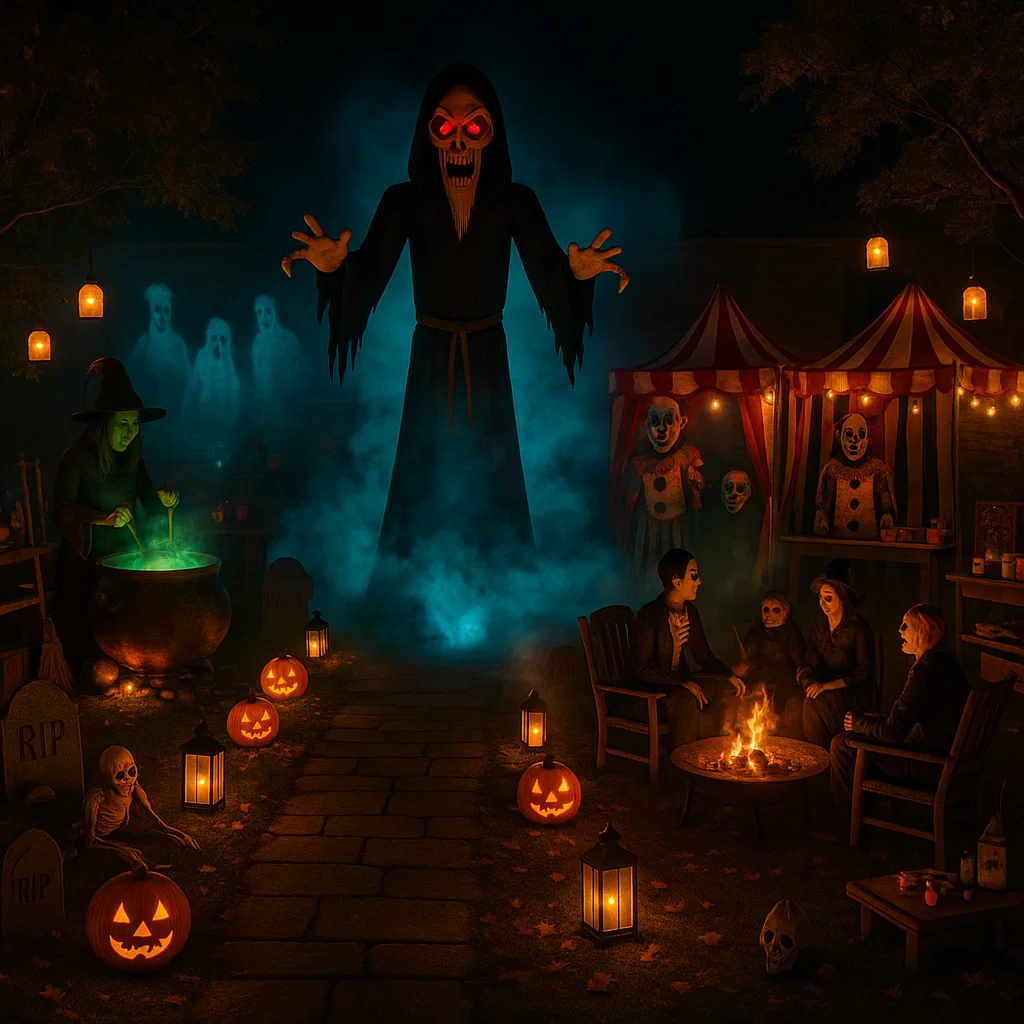 Haunted backyard Halloween party with witch, Grim Reaper, clowns, fog.
