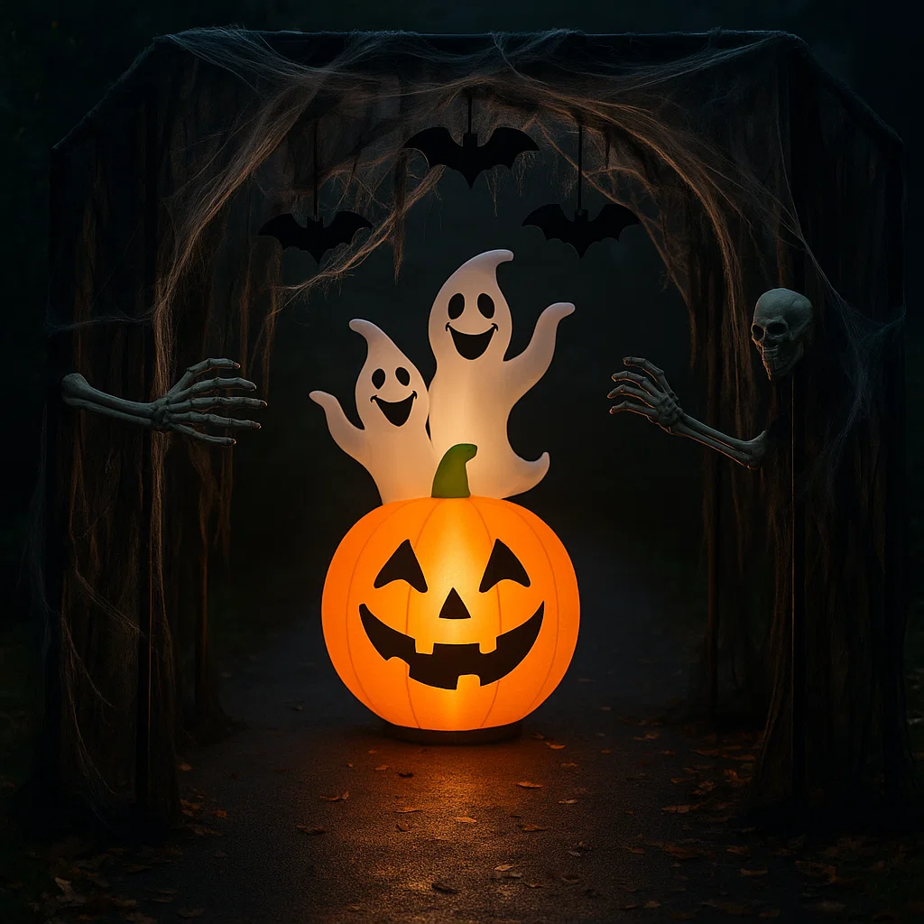 Inflatable jack-o’-lantern with ghosts framed by skeleton arms and cobweb archway.