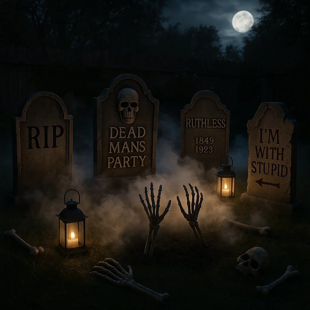 Halloween graveyard with tombstones, skeleton hands, fog, and lanterns.