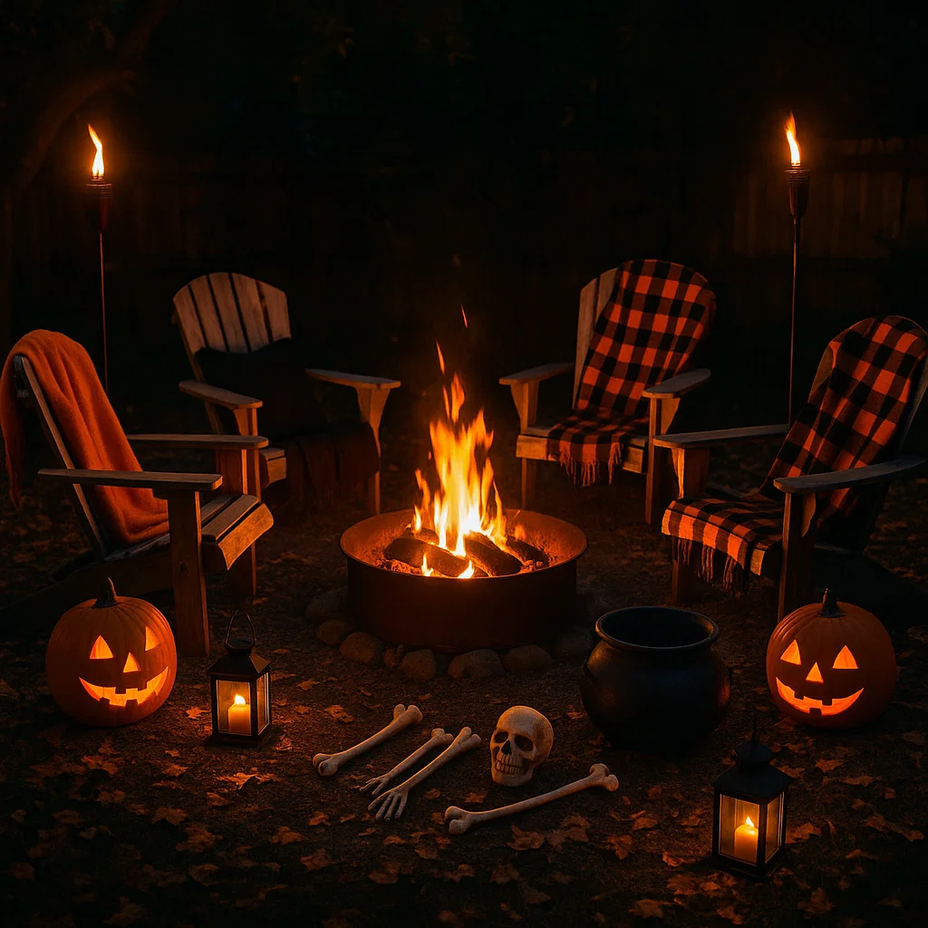Halloween fire pit setup with pumpkins, skull, lanterns, and plaid blankets.